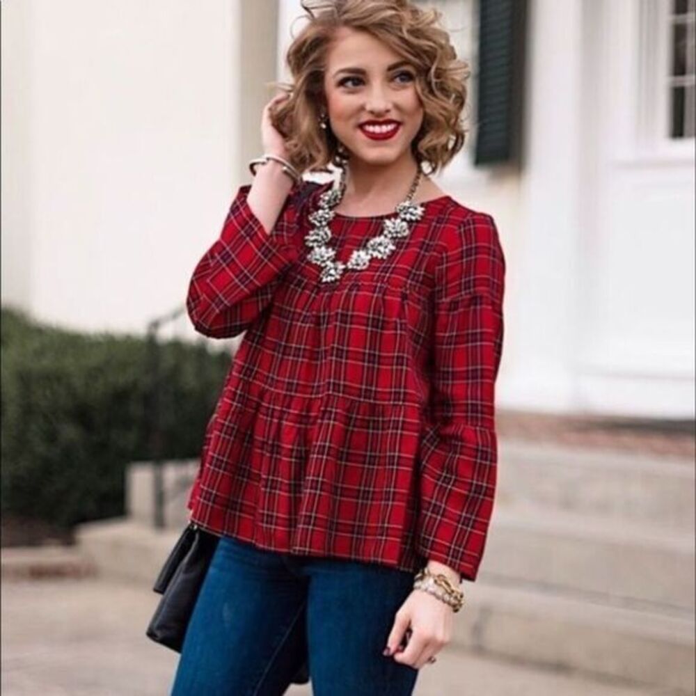 NEW Madewell red Plaid Tiered‎ Button-Back long sleeves To, size XS